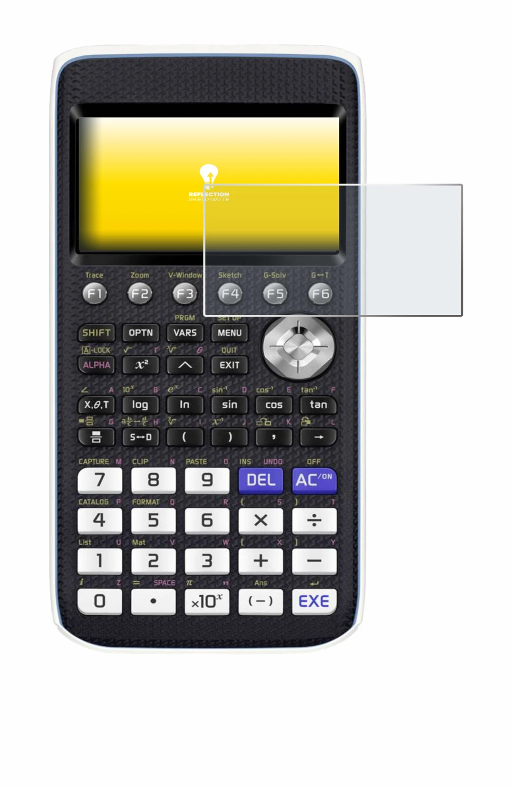 Image of the device Casio FX-CG50 with a wide variety of screen protectors.