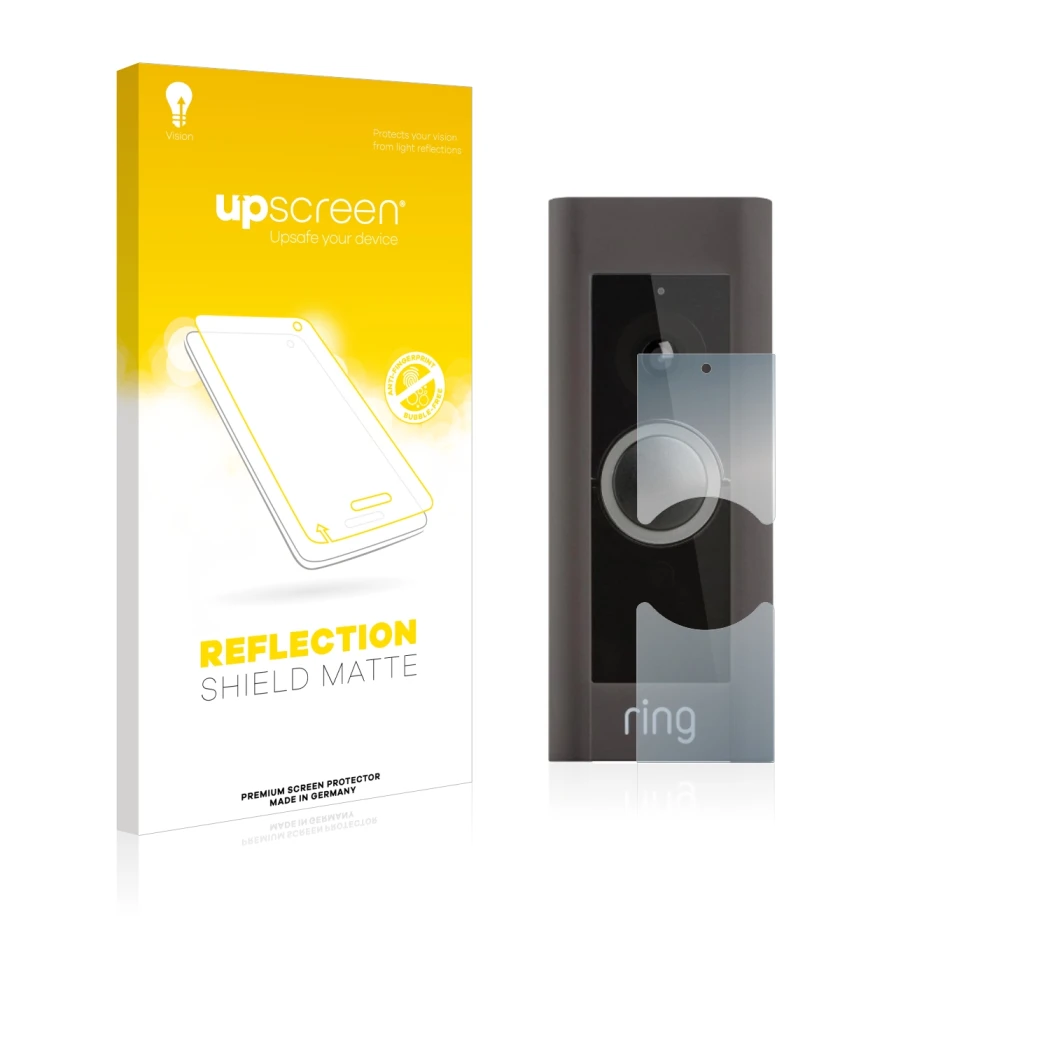 Front side of a product packaging with the brand logo upscreen. Next to it is the device Ring Video Doorbell Pro shown with th