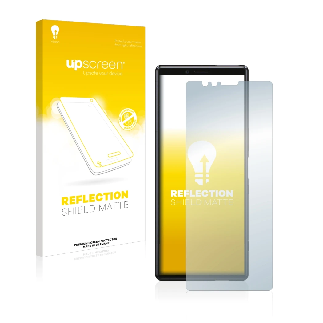 Front side of a product packaging with the brand logo upscreen. Next to it is the device Sony Xperia 1 shown with the correspo