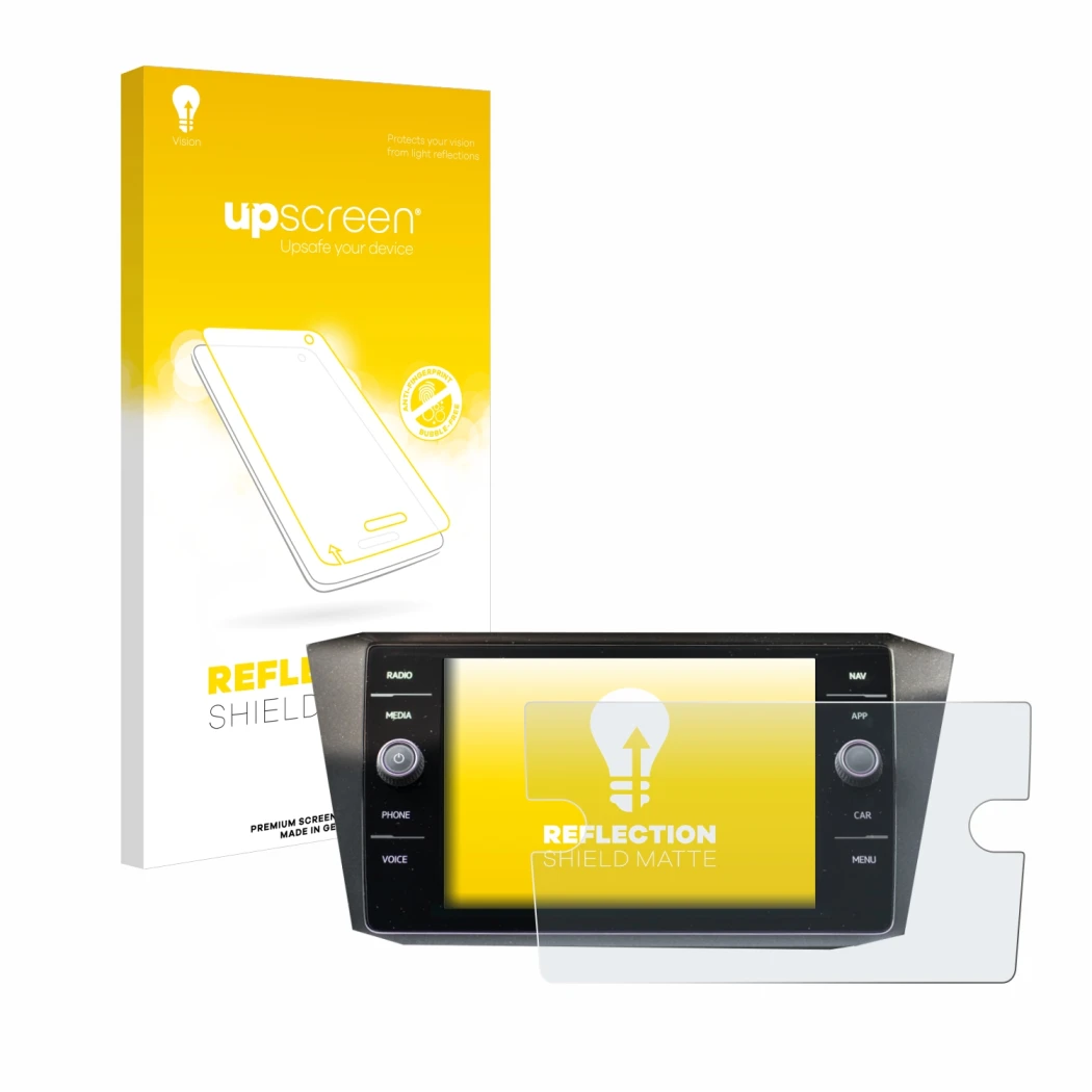 Front side of a product packaging with the brand logo upscreen. Next to it is the device Volkswagen Tiguan Discover Media 8