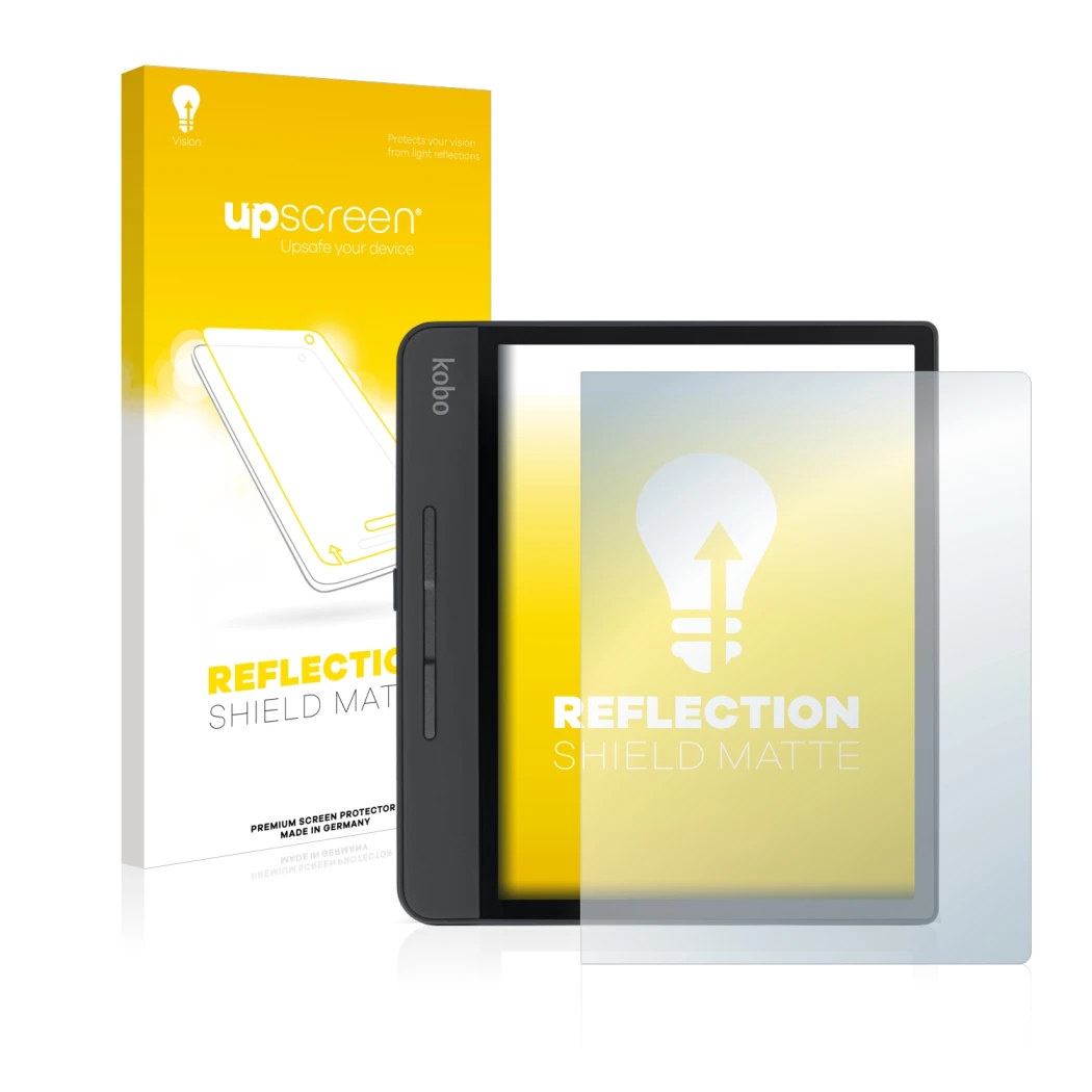 Front side of a product packaging with the brand logo upscreen. Next to it is the device Kobo Forma shown with the correspondi