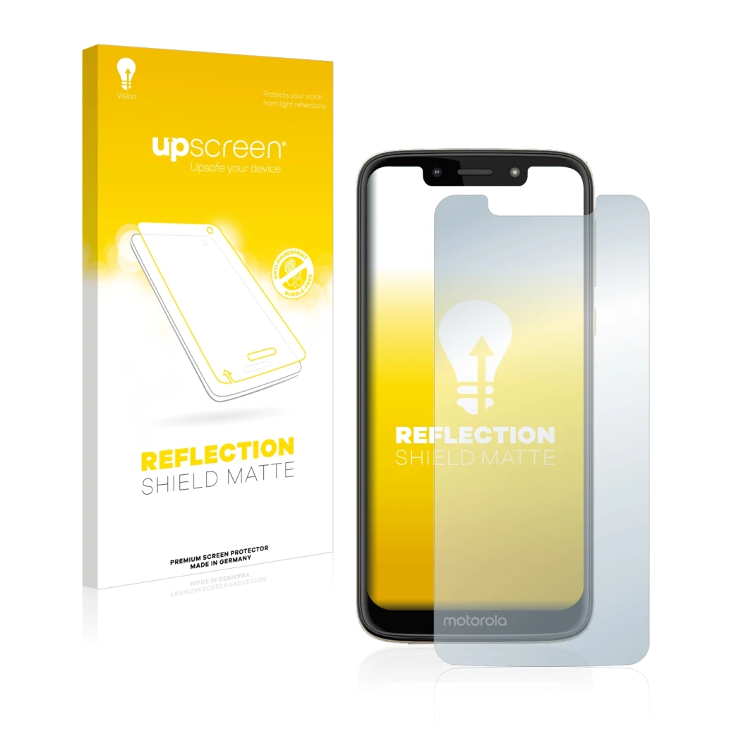 Front side of a product packaging with the brand logo upscreen. Next to it is the device Motorola Moto G7 Play shown with the