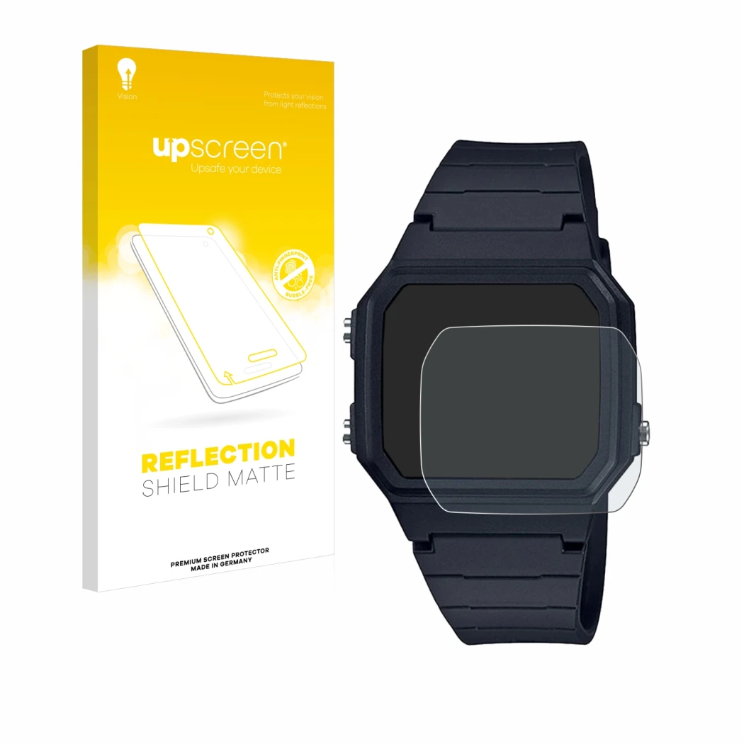 Front side of a product packaging with the brand logo upscreen. Next to it is the device Casio Unisex F-91W shown with the cor