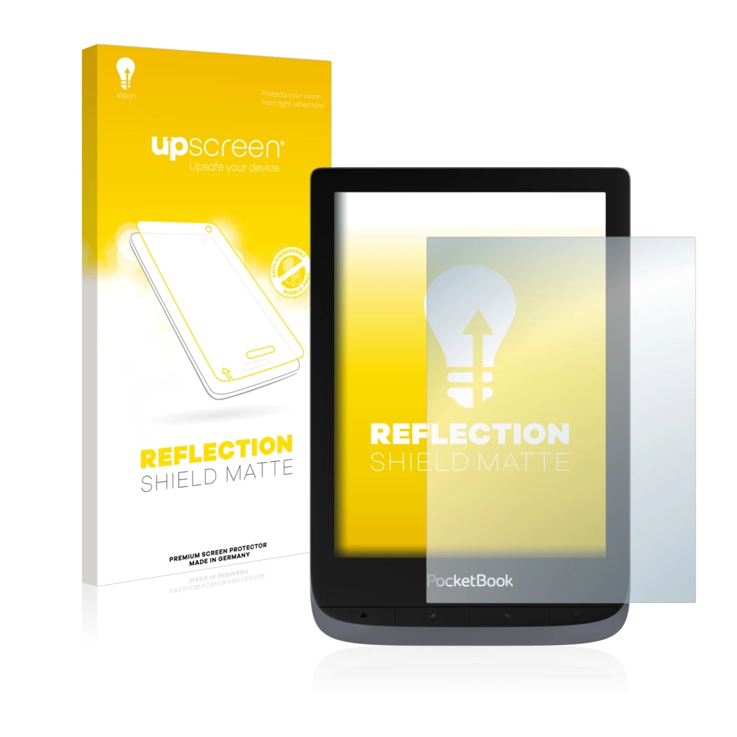 Front side of a product packaging with the brand logo upscreen. Next to it is the device PocketBook Touch HD 3 shown with the 