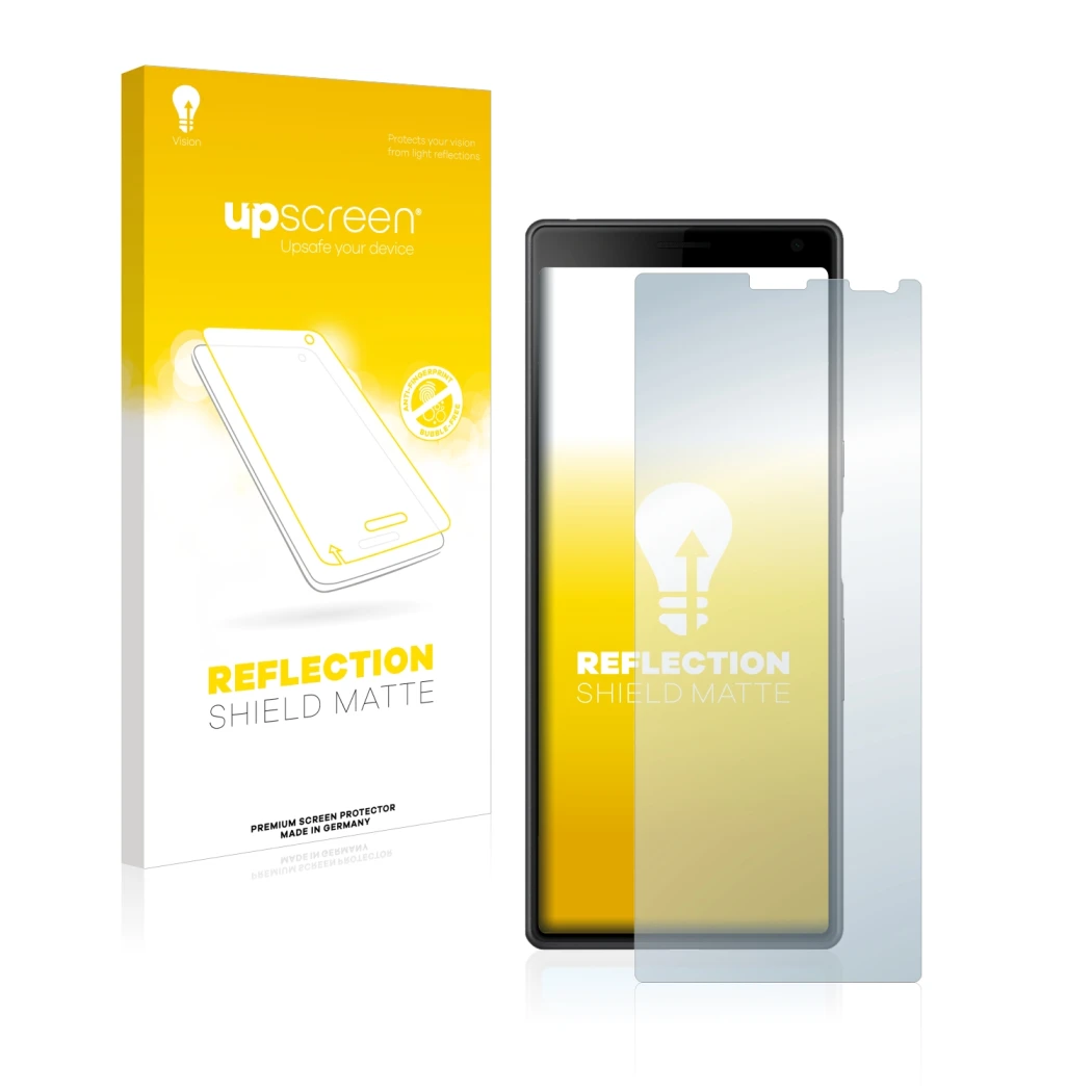 Front side of a product packaging with the brand logo upscreen. Next to it is the device Sony Xperia 10 shown with the corresp