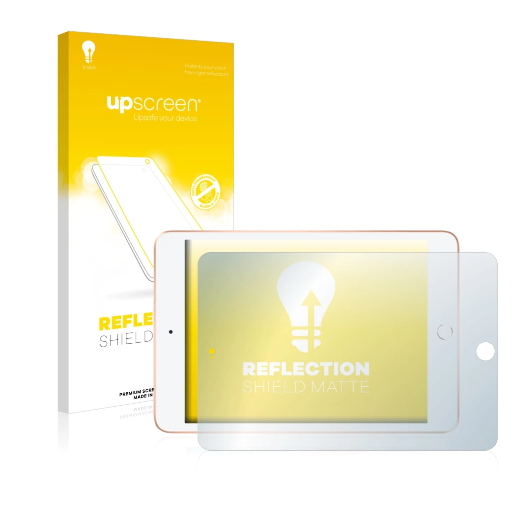 Front side of a product packaging with the brand logo upscreen. Next to it is the device Apple iPad Mini 5 2019 (Landscape, 5t