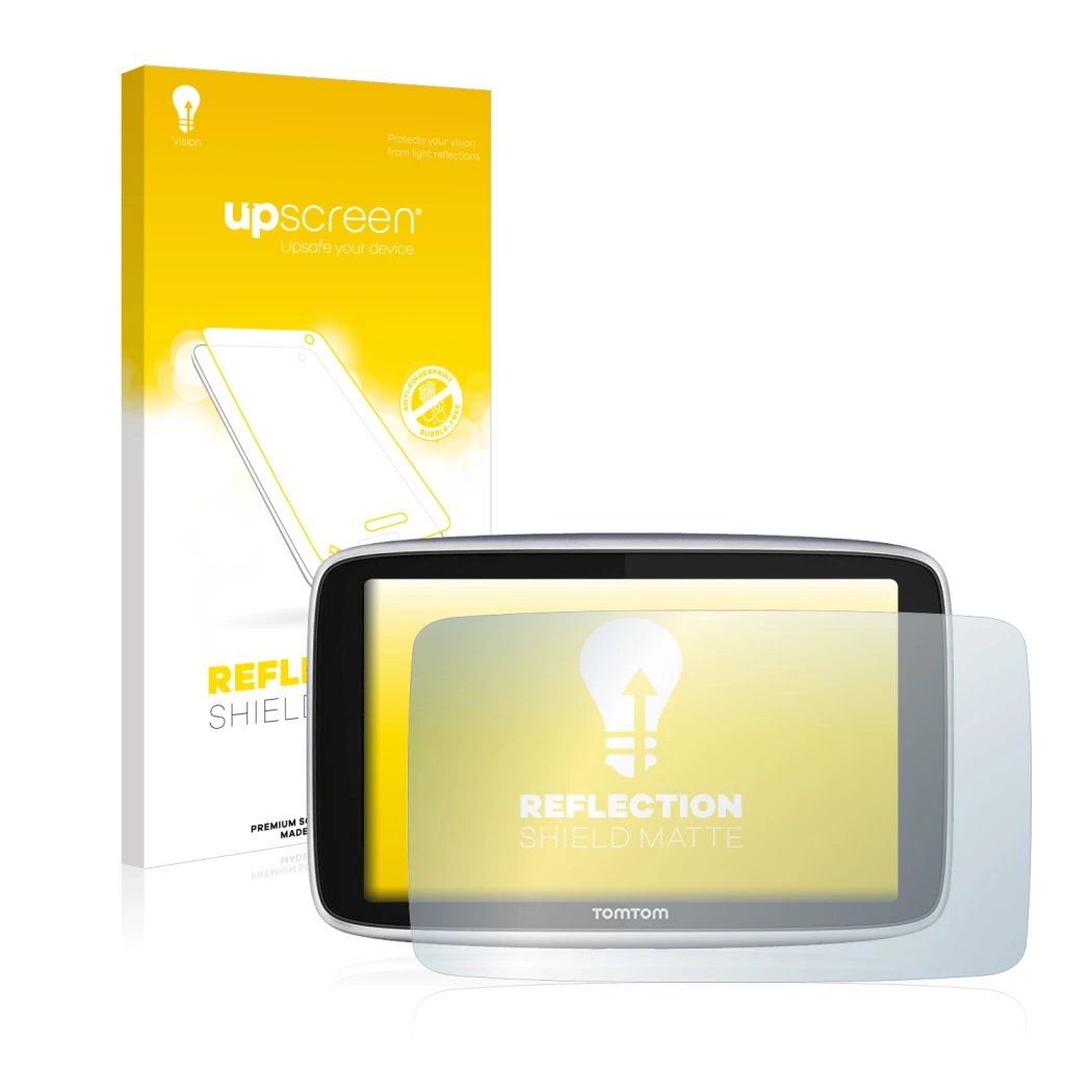 Front side of a product packaging with the brand logo upscreen. Next to it is the device TomTom GO Premium (5