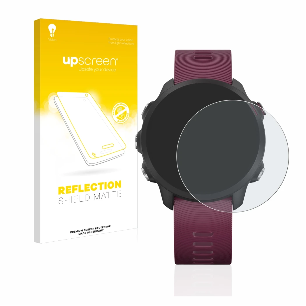 Front side of a product packaging with the brand logo upscreen. Next to it is the device Garmin Forerunner 245 shown with the 