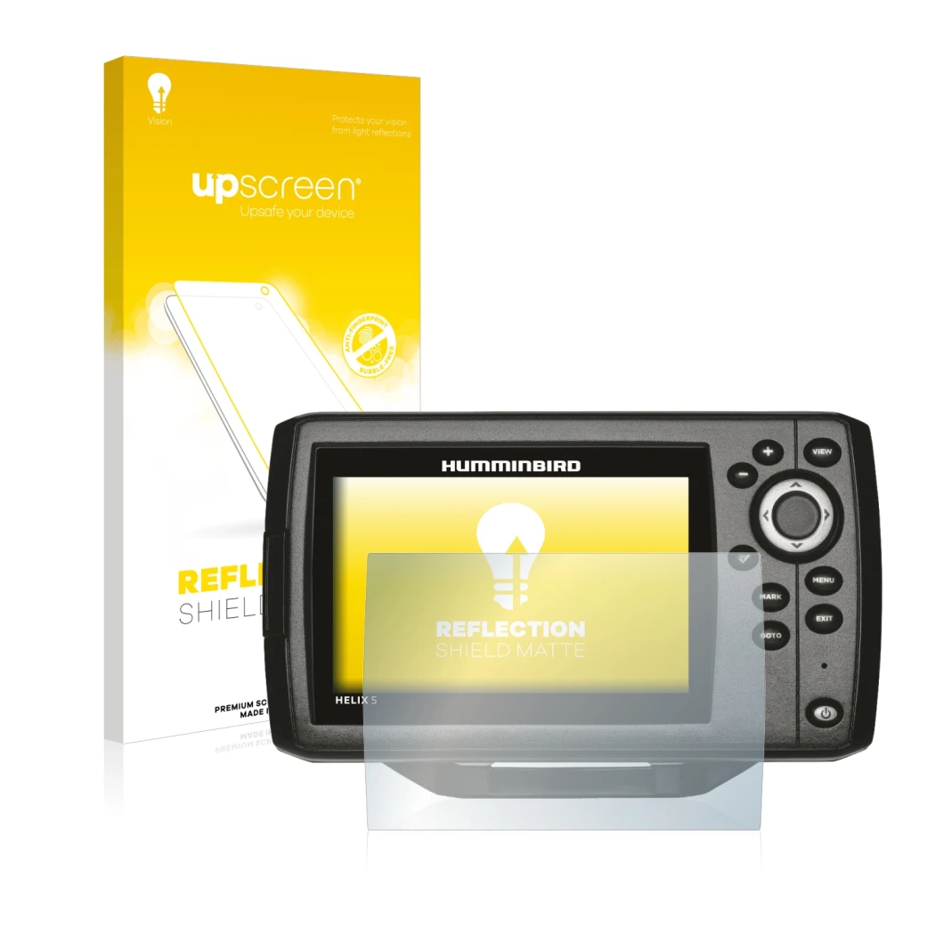 Front side of a product packaging with the brand logo upscreen. Next to it is the device Humminbird Helix 5 shown with the cor