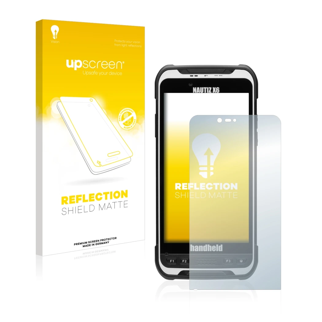 Front side of a product packaging with the brand logo upscreen. Next to it is the device Handheld Nautiz X6 shown with the cor