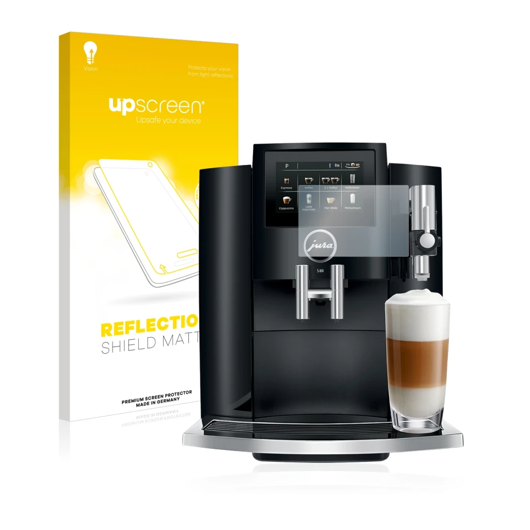 Front side of a product packaging with the brand logo upscreen. Next to it is the device Jura S8 shown with the corresponding 