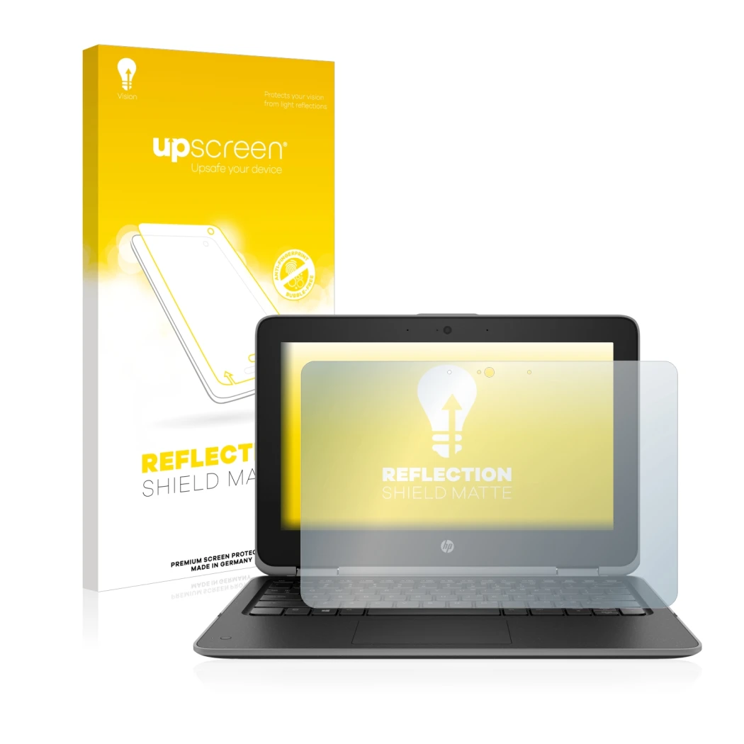 Front side of a product packaging with the brand logo upscreen. Next to it is the device HP ProBook x360 11 G3 shown with the