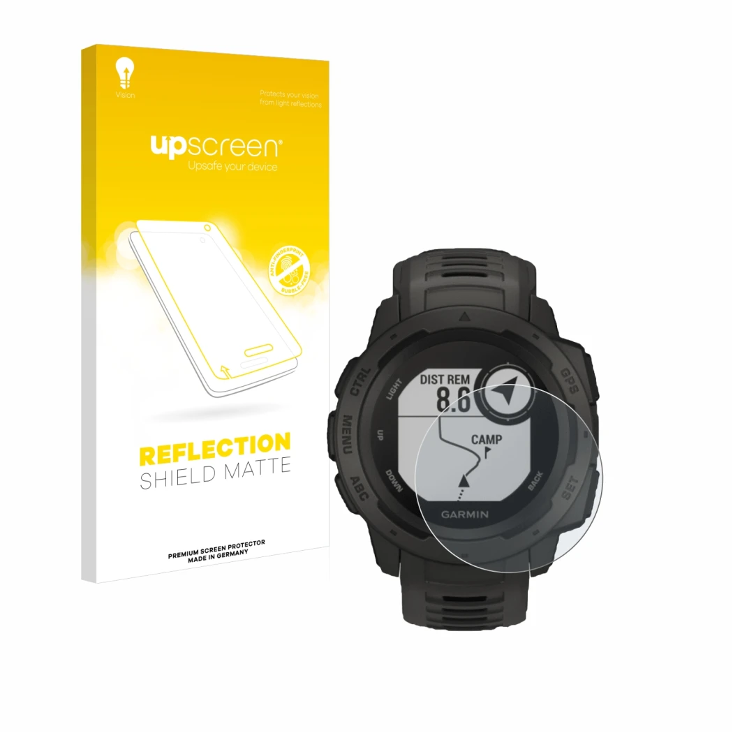 Front side of a product packaging with the brand logo upscreen. Next to it is the device Garmin Instinct Tactical Edition show