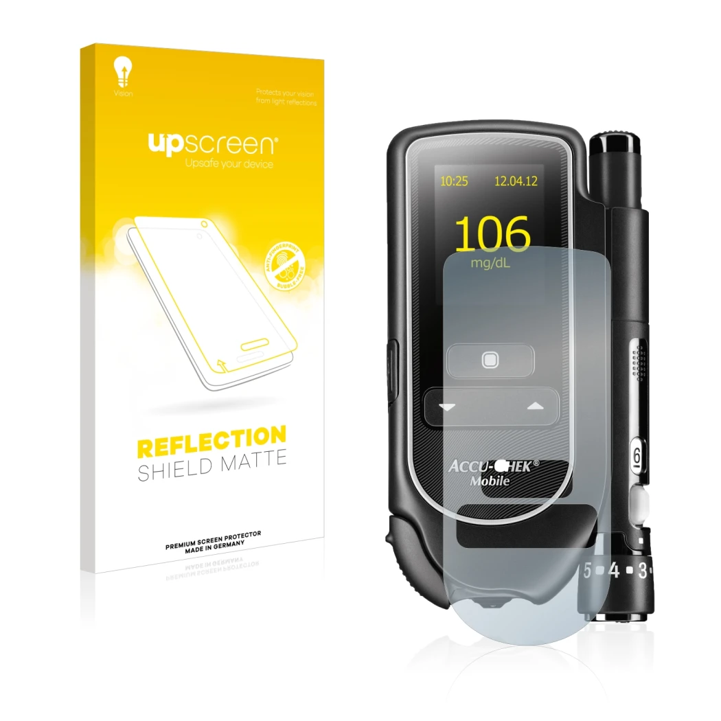 Front side of a product packaging with the brand logo upscreen. Next to it is the device Accu-Chek Mobile shown with the corre