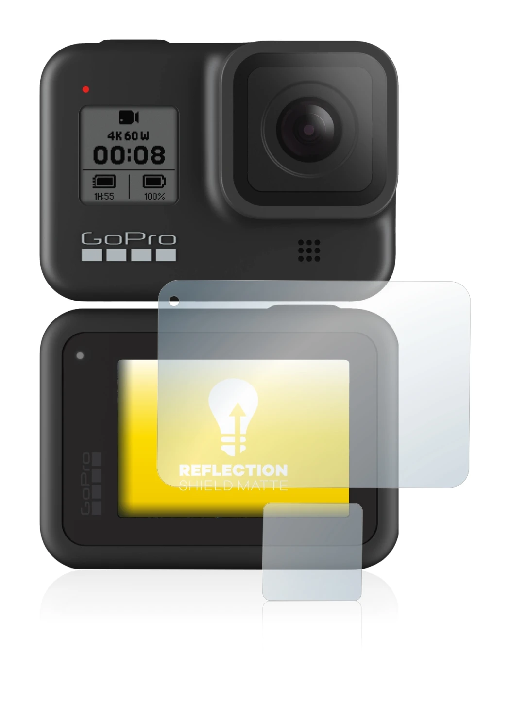 Image of the device GoPro Hero 8 Black with a wide variety of screen protectors.