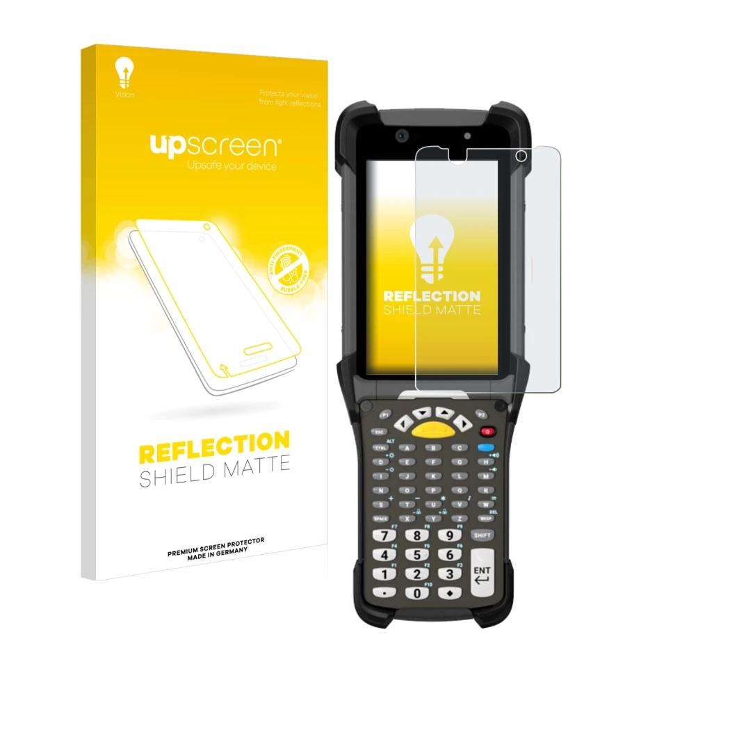 Front side of a product packaging with the brand logo upscreen. Next to it is the device Zebra MC9300 shown with the correspon