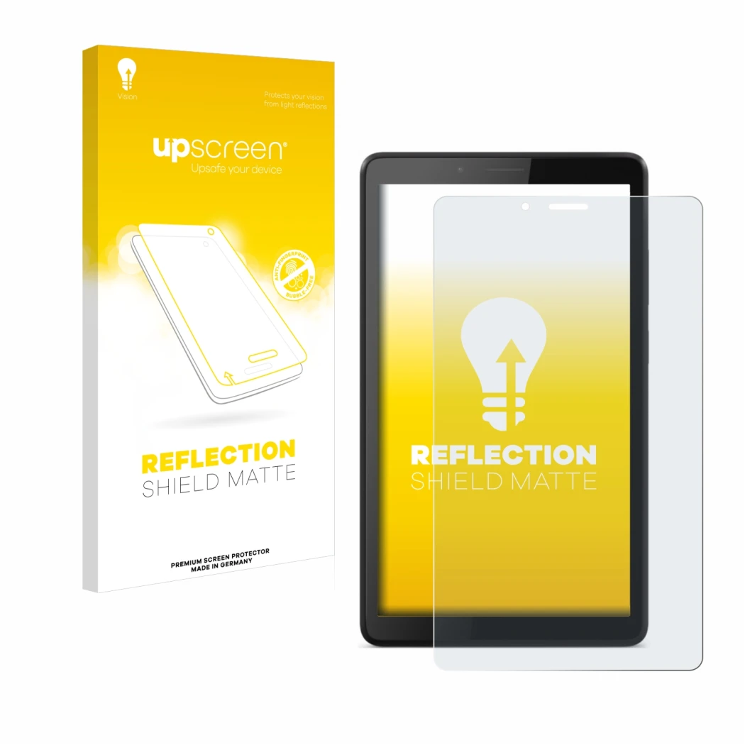 Front side of a product packaging with the brand logo upscreen. Next to it is the device Lenovo Tab M7 shown with the correspo