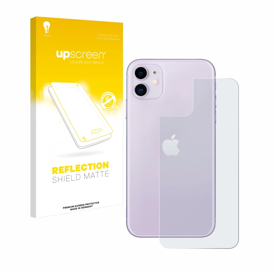 Front side of a product packaging with the brand logo upscreen. Next to it is the device Apple iPhone 11 (Back) shown with the