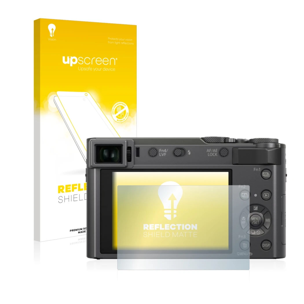 Front side of a product packaging with the brand logo upscreen. Next to it is the device Panasonic Lumix DC-TZ200 shown with t