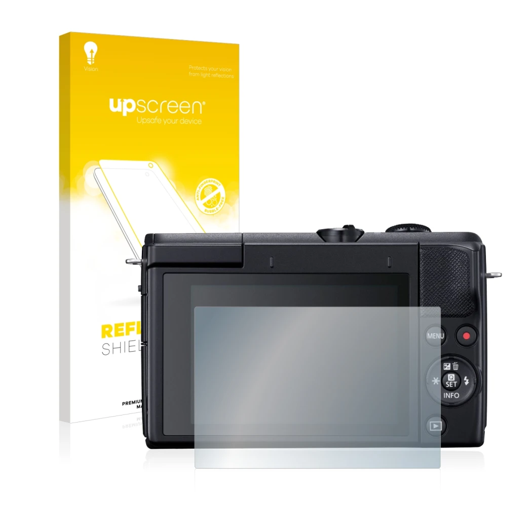 Front side of a product packaging with the brand logo upscreen. Next to it is the device Canon EOS M200 shown with the corresp