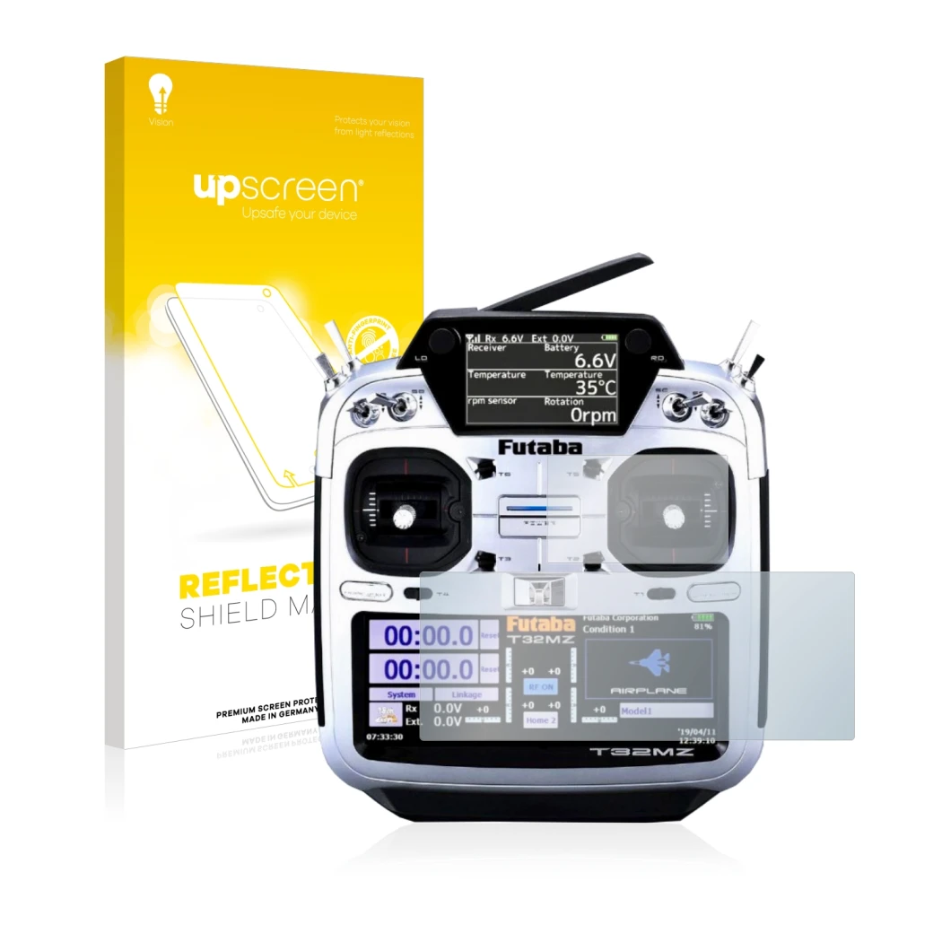 Front side of a product packaging with the brand logo upscreen. Next to it is the device Robbe Futaba T32MZ shown with the cor