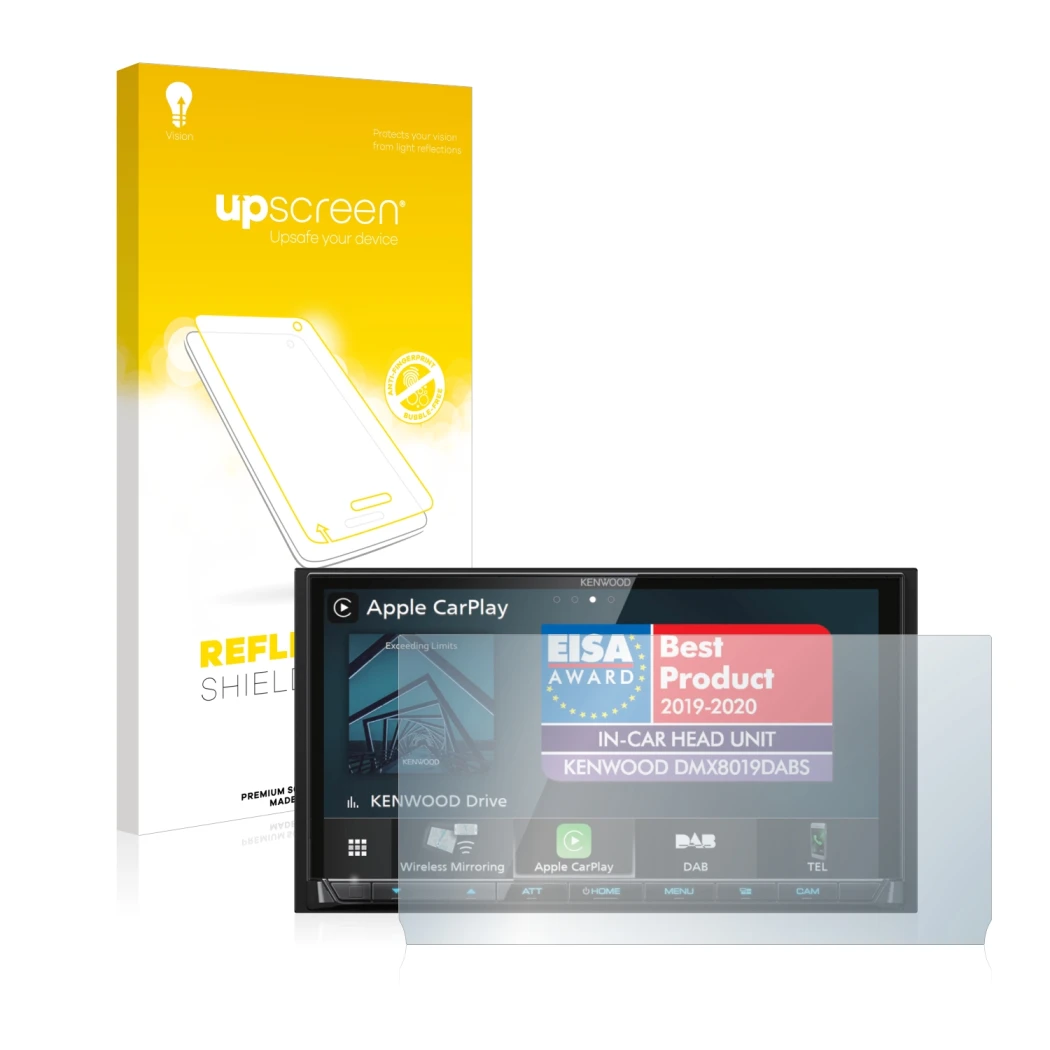 Front side of a product packaging with the brand logo upscreen. Next to it is the device Kenwood DMX8019DABS (with cutout) sho
