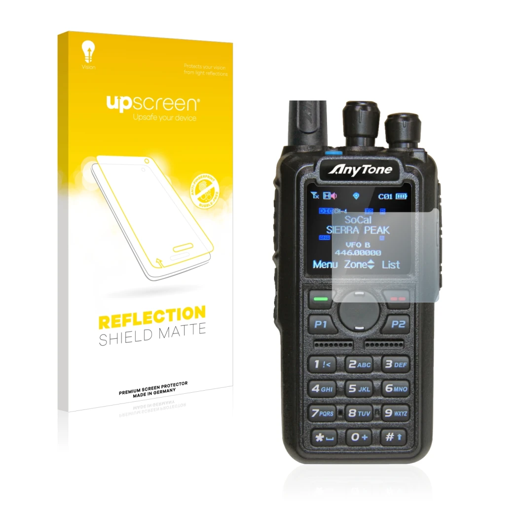 Front side of a product packaging with the brand logo upscreen. Next to it is the device AnyTone AT-D878UV shown with the corr