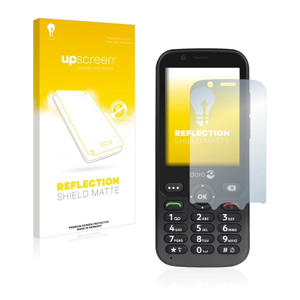 Front side of a product packaging with the brand logo upscreen. Next to it is the device Doro 7010 shown with the correspondin