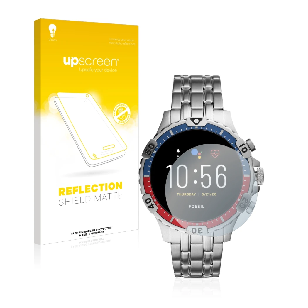 Front side of a product packaging with the brand logo upscreen. Next to it is the device Fossil Garrett HR (5. Gen) shown with