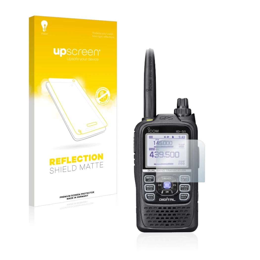 Front side of a product packaging with the brand logo upscreen. Next to it is the device Icom ID-51E Plus 2 shown with the cor