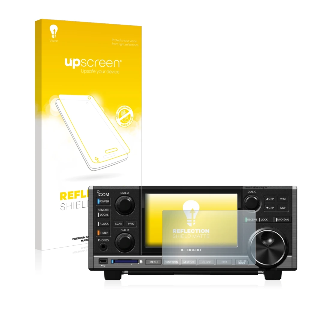 Front side of a product packaging with the brand logo upscreen. Next to it is the device Icom IC-R8600 shown with the correspo