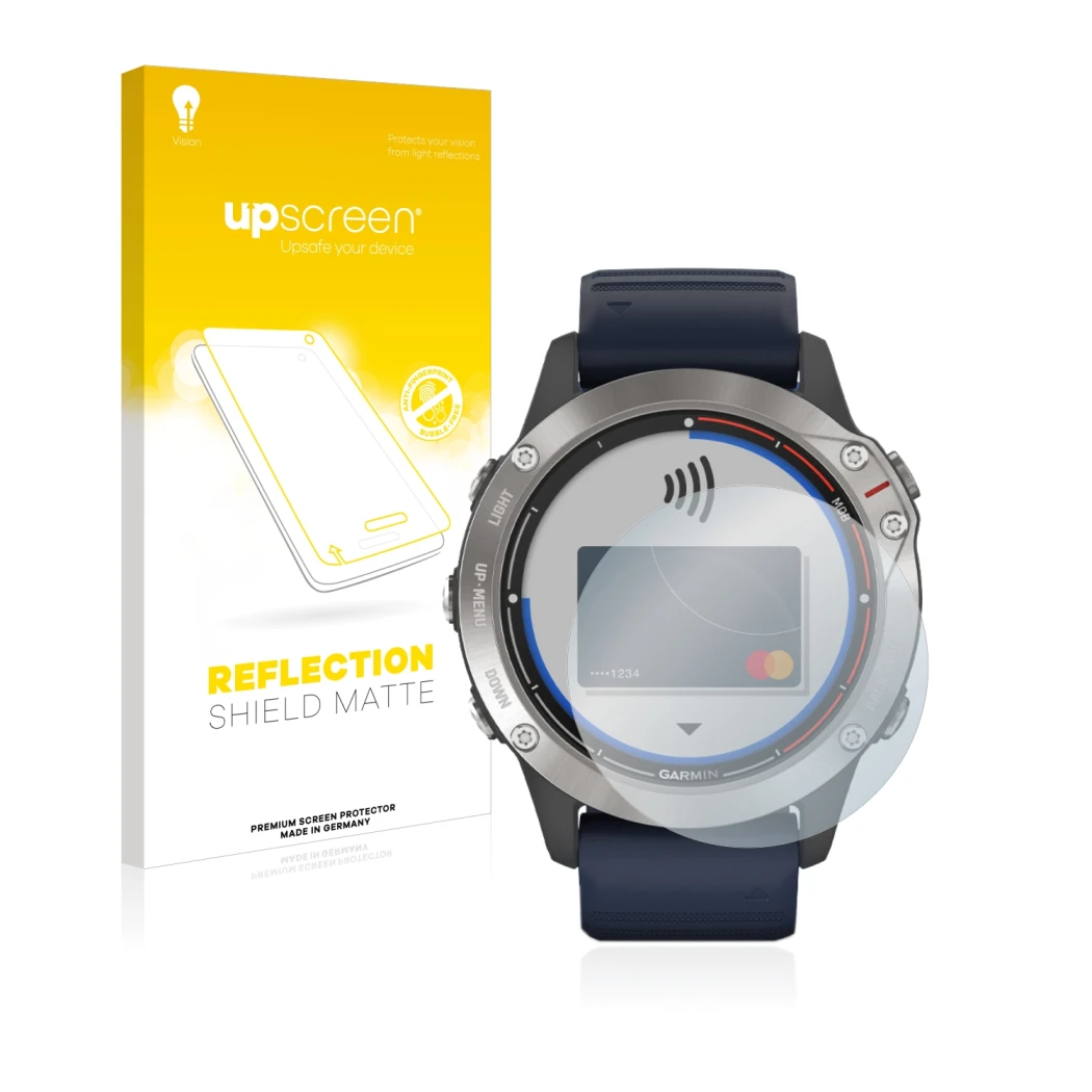 Front side of a product packaging with the brand logo upscreen. Next to it is the device Garmin quatix 6 shown with the corres