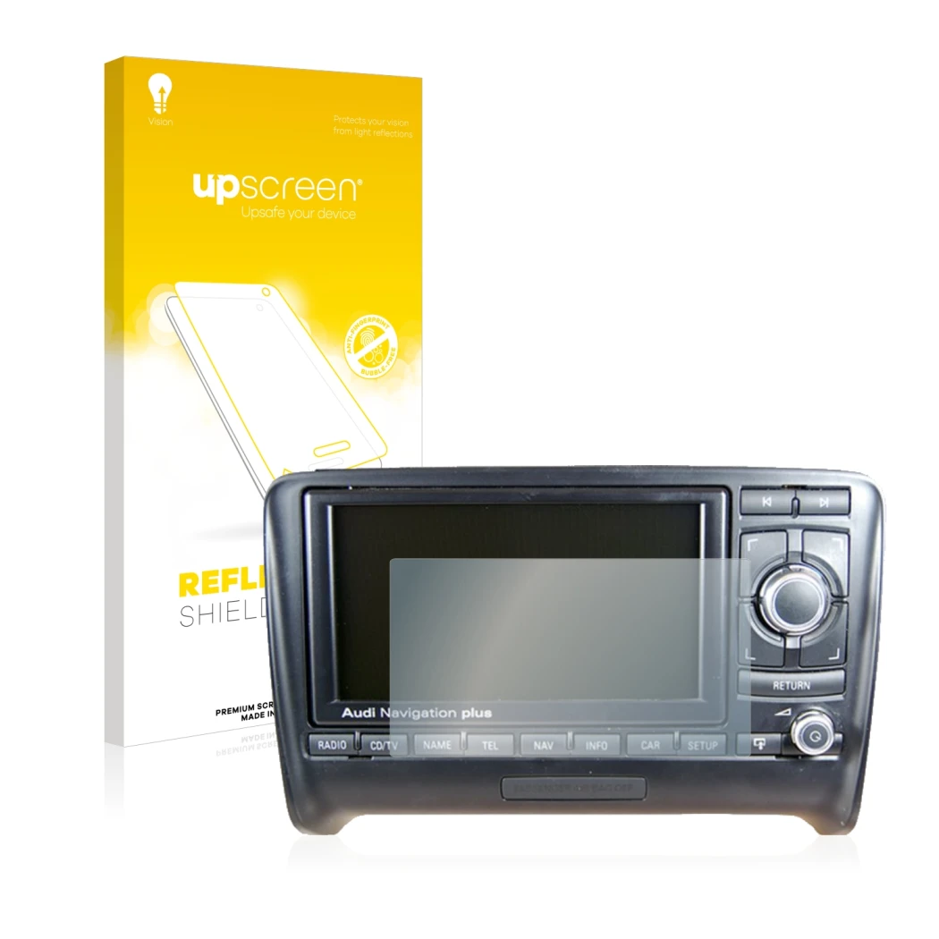 Front side of a product packaging with the brand logo upscreen. Next to it is the device Audi A3 8P 2004-2012 RNS-E shown with