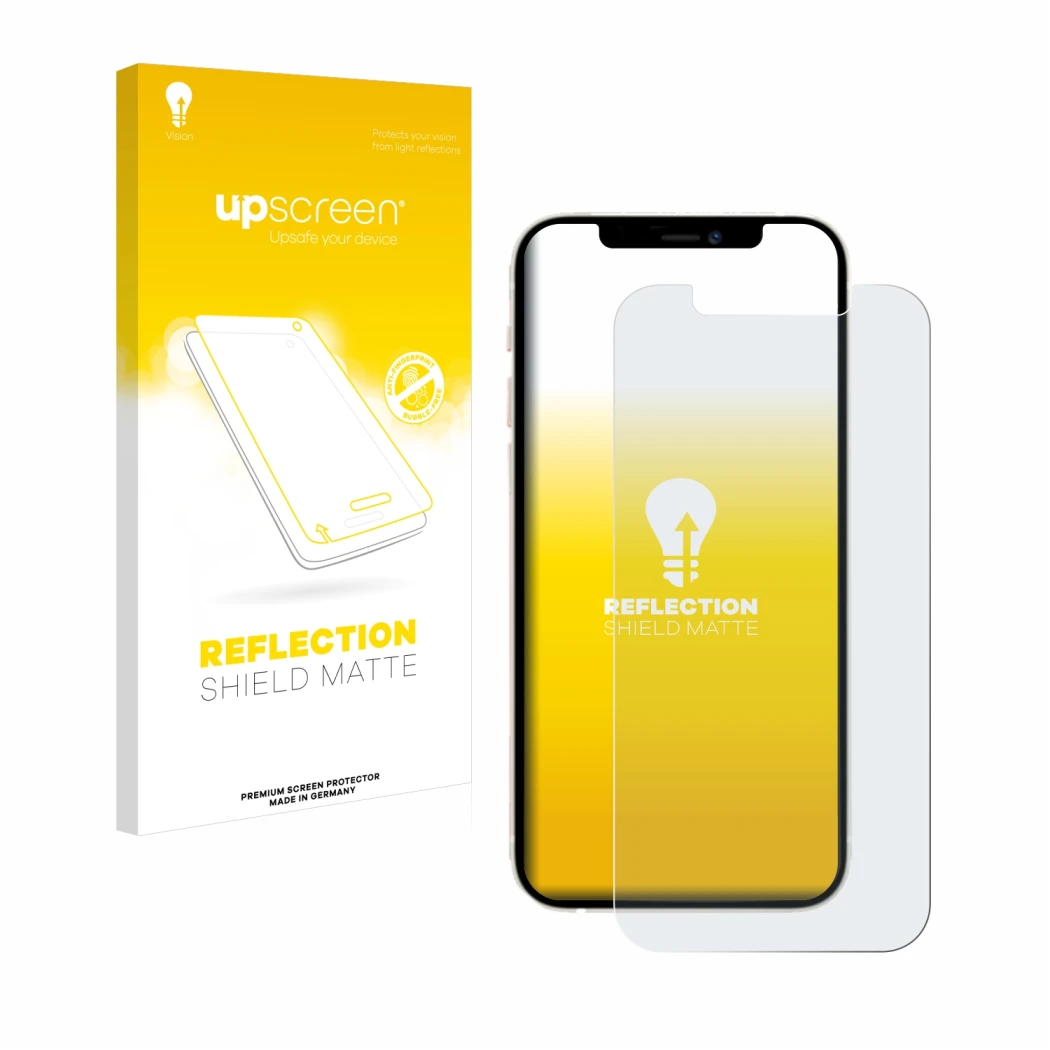 Front side of a product packaging with the brand logo upscreen. Next to it is the device Apple iPhone 12 Pro shown with the co