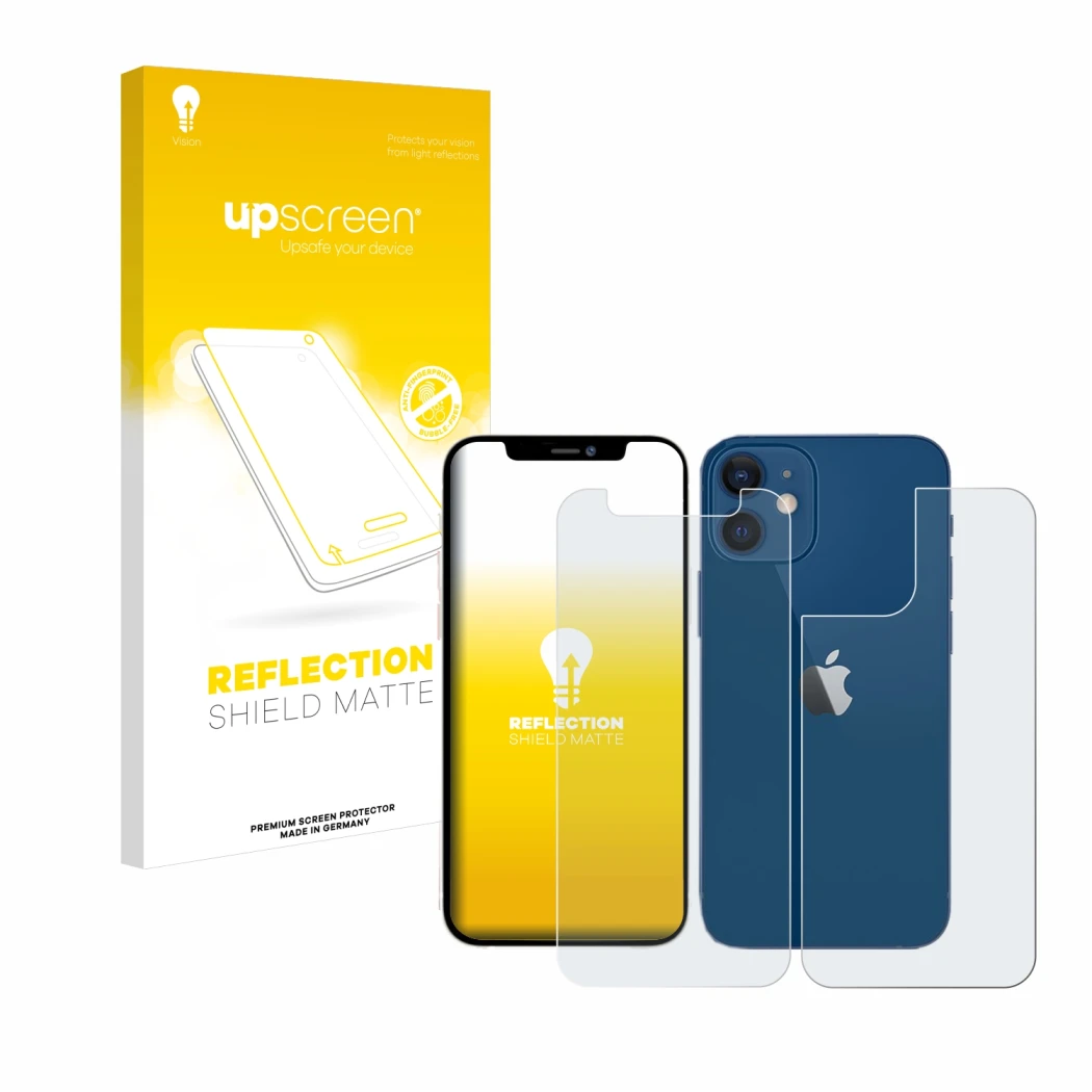 Front side of a product packaging with the brand logo upscreen. Next to it is the device Apple iPhone 12 mini (Front+Back) sho