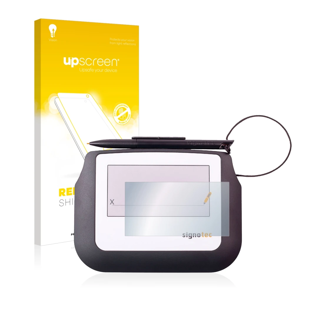 Front side of a product packaging with the brand logo upscreen. Next to it is the device Signotec Signature Sigma Lite shown w