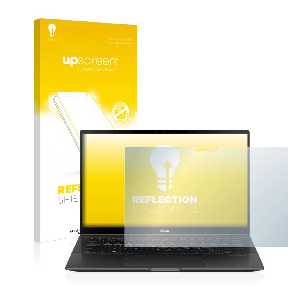 Front side of a product packaging with the brand logo upscreen. Next to it is the device ASUS ZenBook Flip 14 UX463FA shown wi