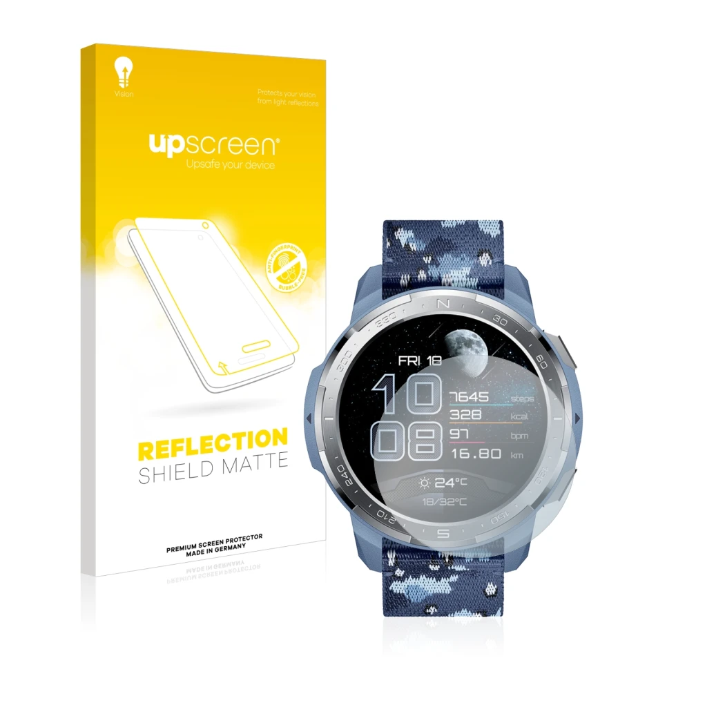 Front side of a product packaging with the brand logo upscreen. Next to it is the device Honor Watch GS Pro shown with the cor