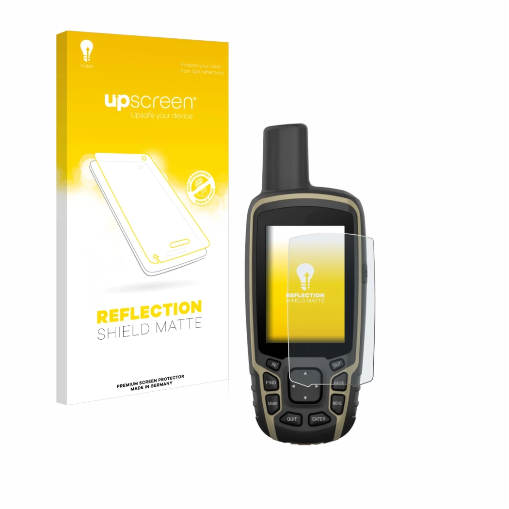 Front side of a product packaging with the brand logo upscreen. Next to it is the device Garmin GPSMAP 65s shown with the corr