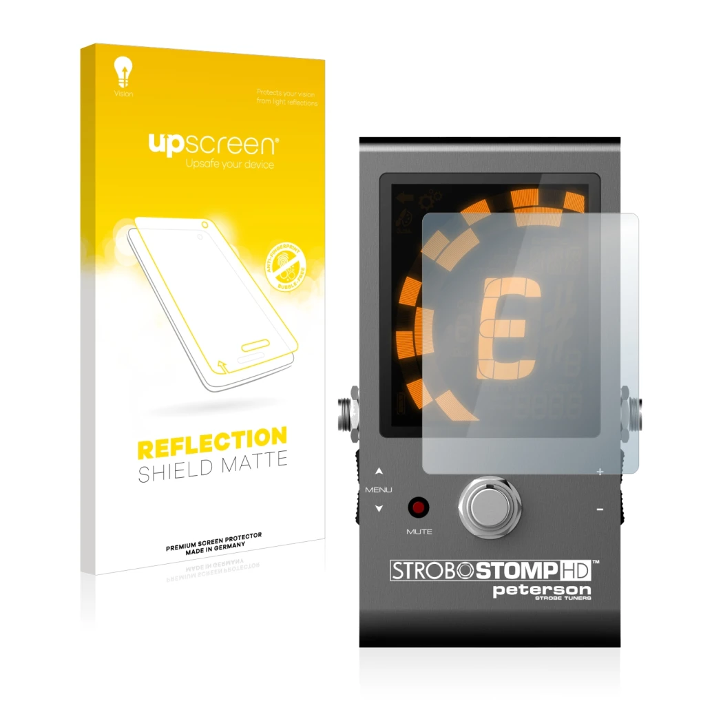 Front side of a product packaging with the brand logo upscreen. Next to it is the device Peterson Strobostomp HD shown with th