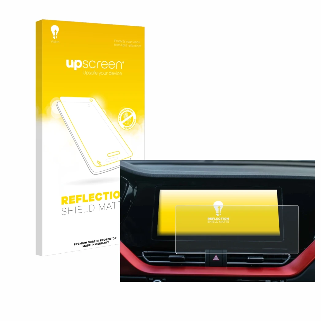 Front side of a product packaging with the brand logo upscreen. Next to it is the device Kia E-Niro 2020 Infotainment System s