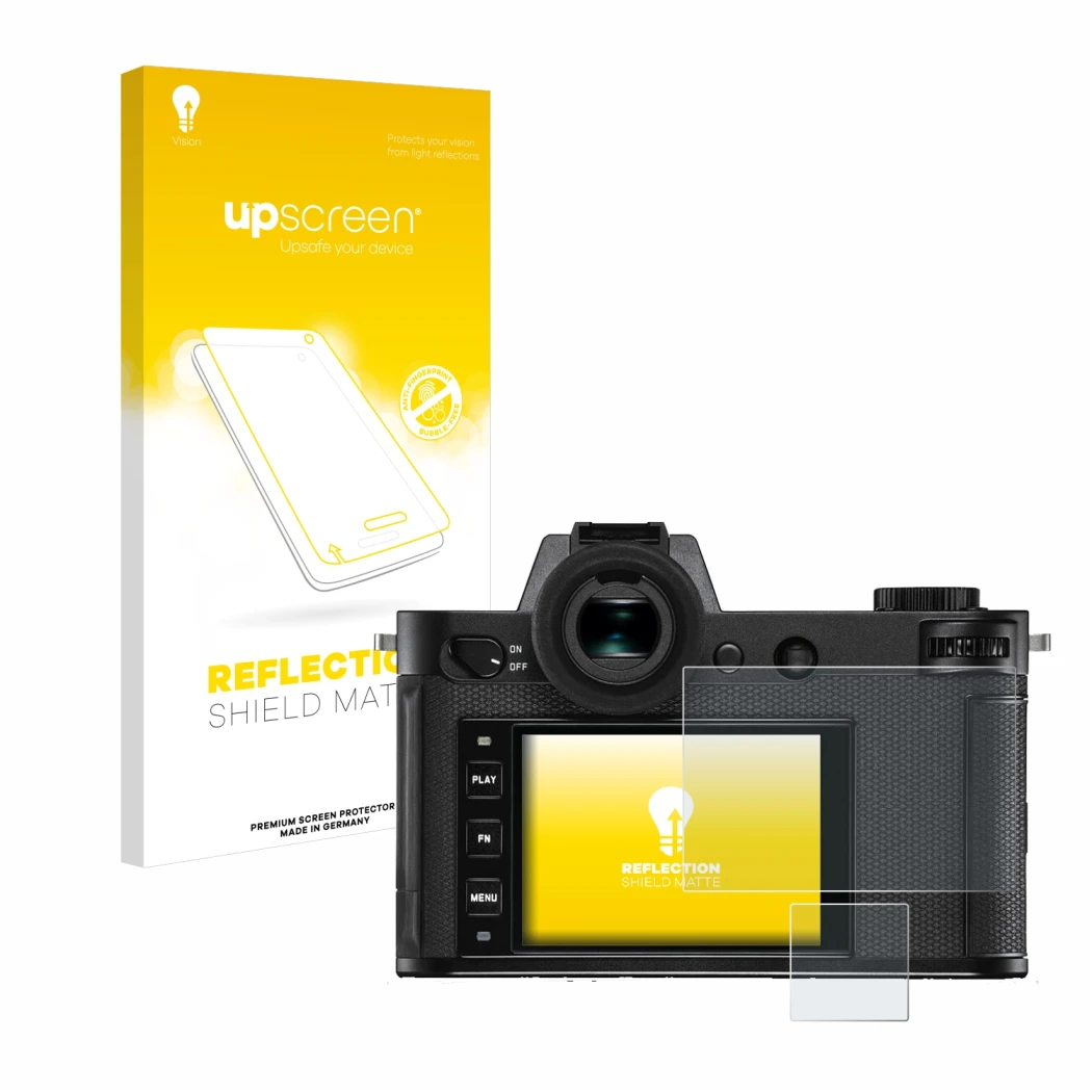 Front side of a product packaging with the brand logo upscreen. Next to it is the device Leica SL2-S shown with the correspond