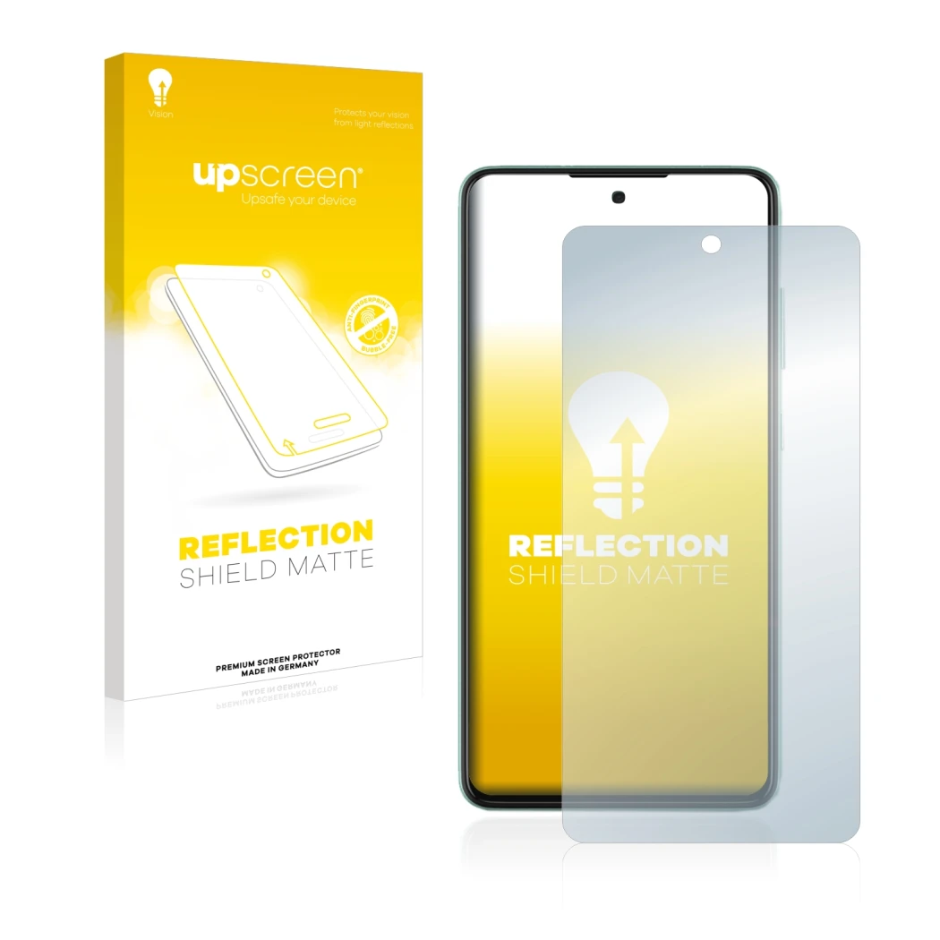 Front side of a product packaging with the brand logo upscreen. Next to it is the device Samsung Galaxy A52 shown with the cor