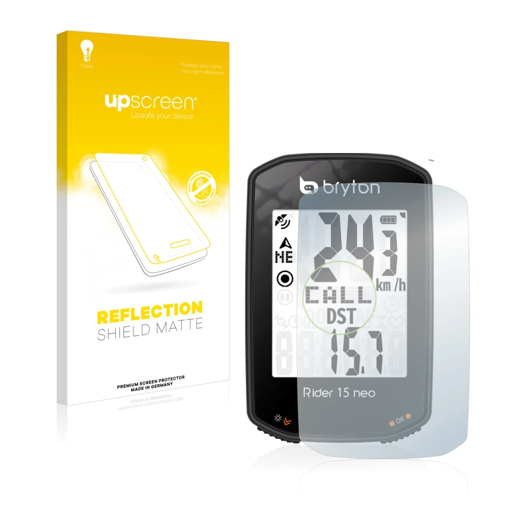 Front side of a product packaging with the brand logo upscreen. Next to it is the device Bryton Rider 15 neo shown with the co