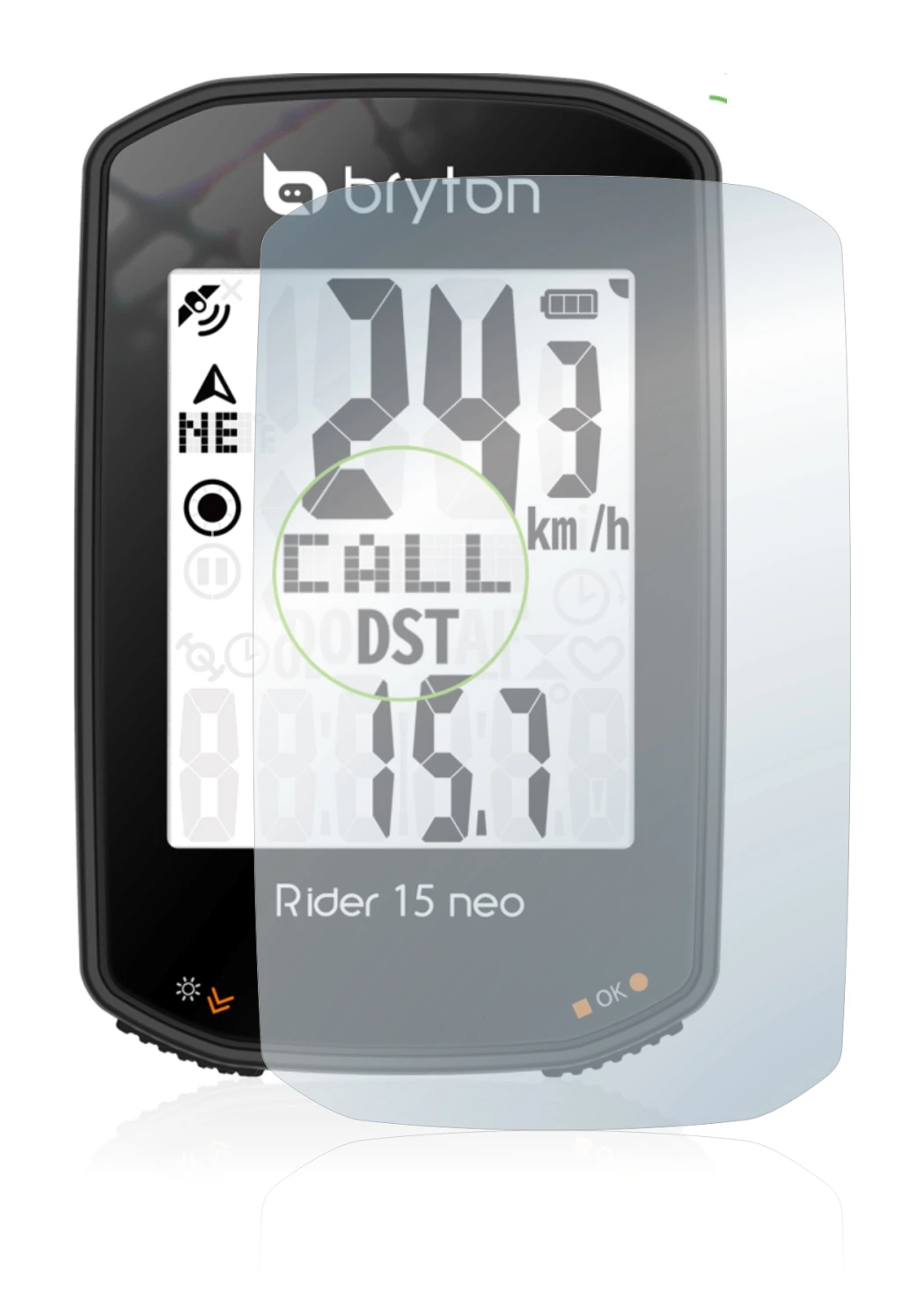 Image of the device Bryton Rider 15 neo with a wide variety of screen protectors.