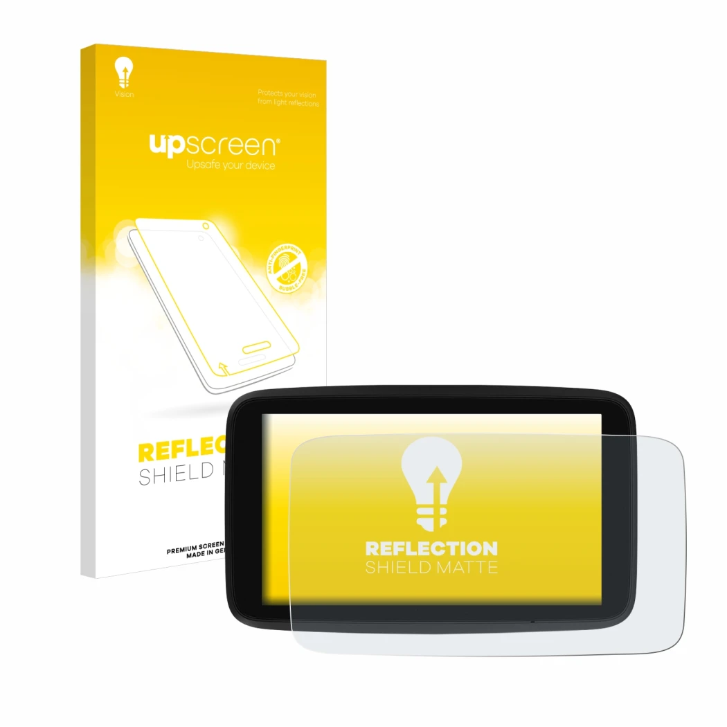 Front side of a product packaging with the brand logo upscreen. Next to it is the device TomTom GO Discover 7