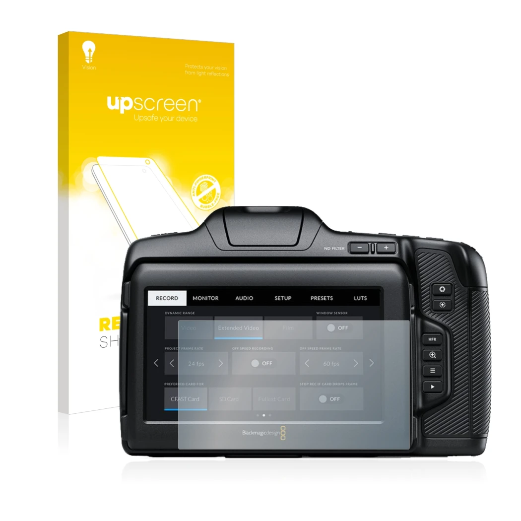 Front side of a product packaging with the brand logo upscreen. Next to it is the device Blackmagic Pocket Cinema Camera 6K Pr