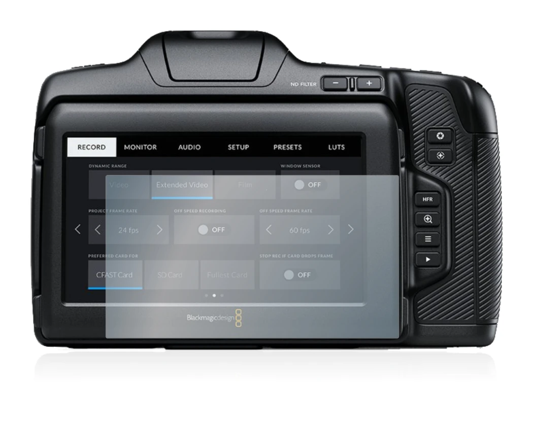 Image of the device Blackmagic Pocket Cinema Camera 6K Pro with a wide variety of screen protectors.