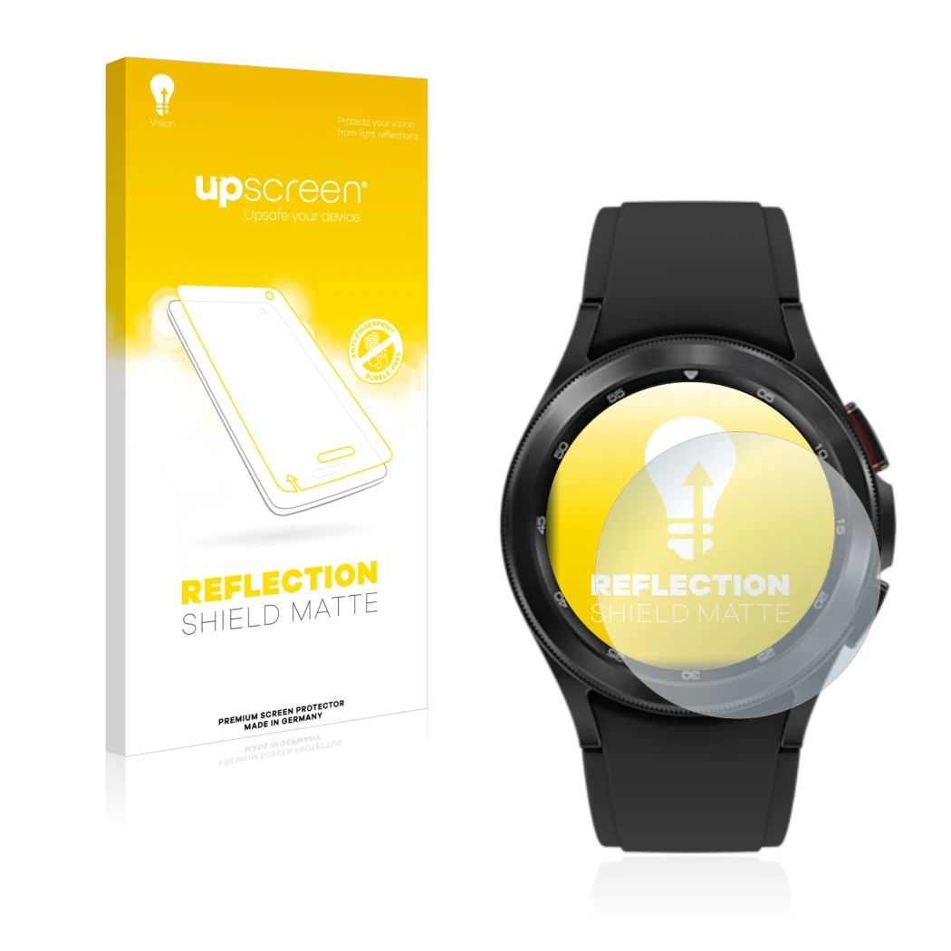 Front side of a product packaging with the brand logo upscreen. Next to it is the device Samsung Galaxy Watch 4 Classic (42mm)