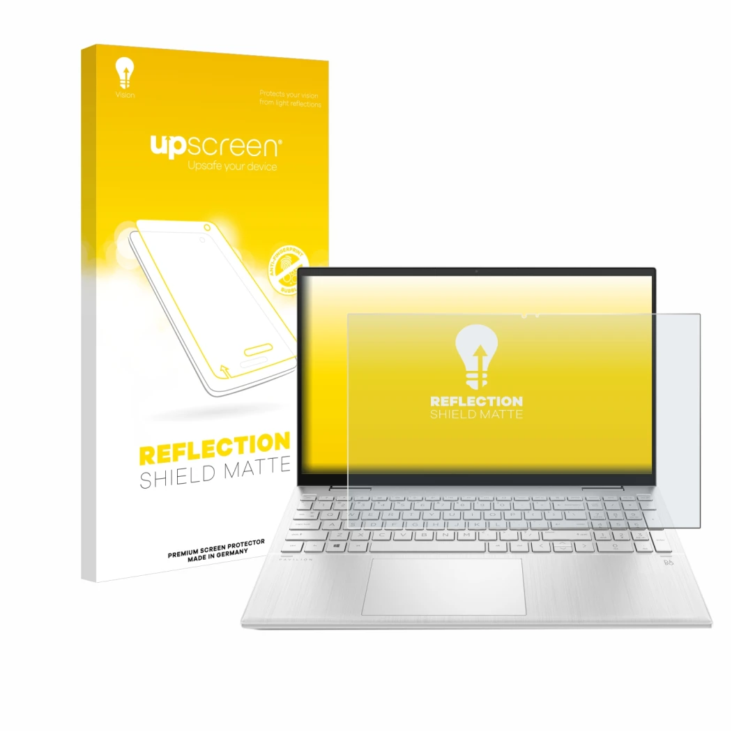 Front side of a product packaging with the brand logo upscreen. Next to it is the device HP Pavilion x360 (15-erX) shown with